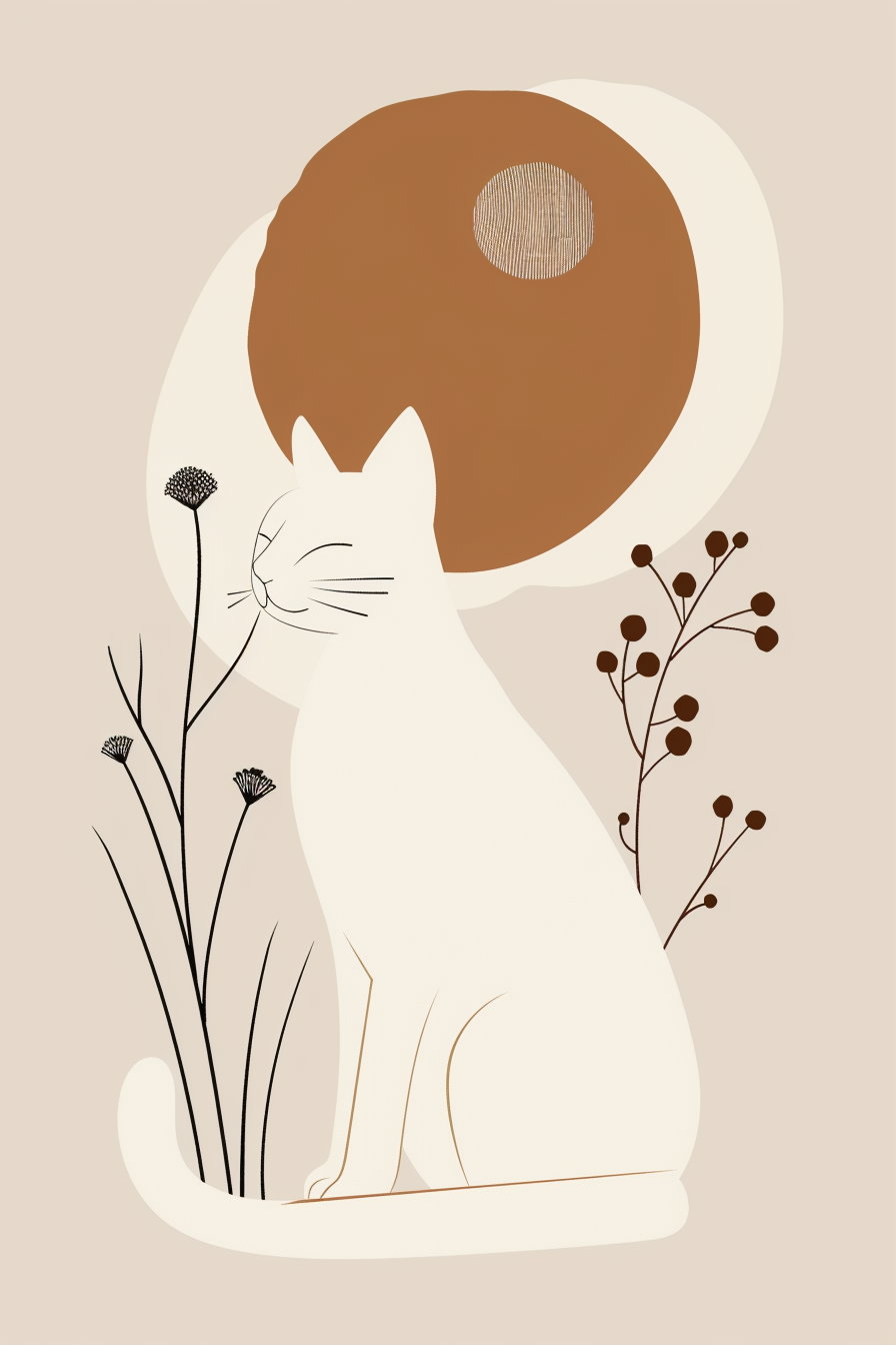 Minimalist cat poster in soft beige tones with abstract shapes
