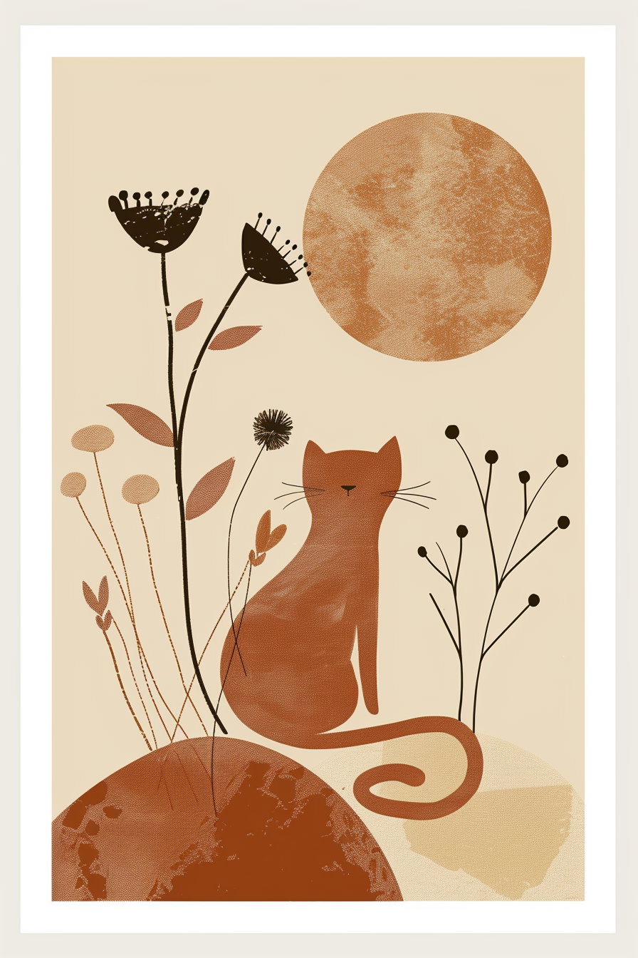 Boho cat wall art with sun and organic shapes
