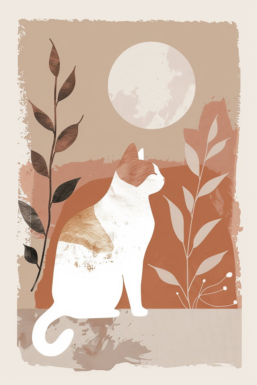 Boho cat wall art with sun and organic shapes