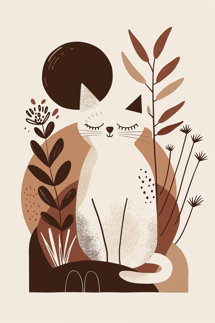 Boho cat wall art with sun and organic shapes