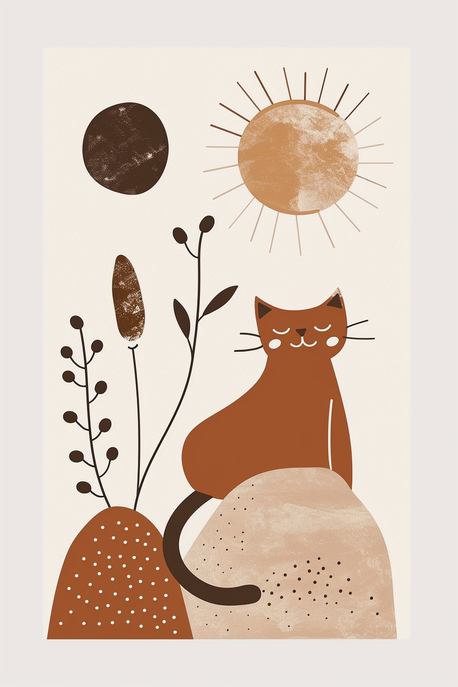 Boho cat wall art with sun and organic shapes