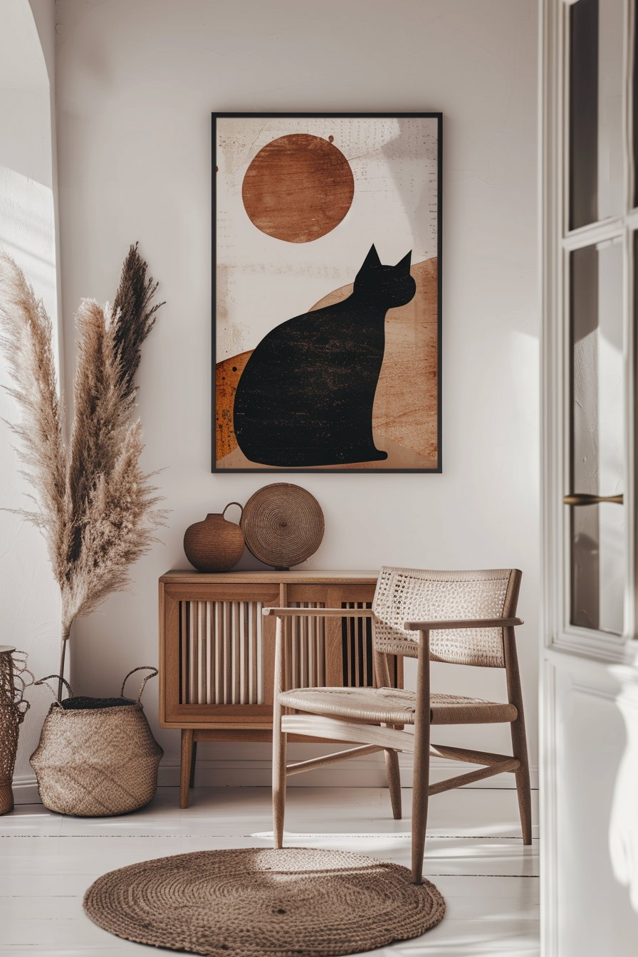 Abstract cat wall art in earthy tones and soft gradients