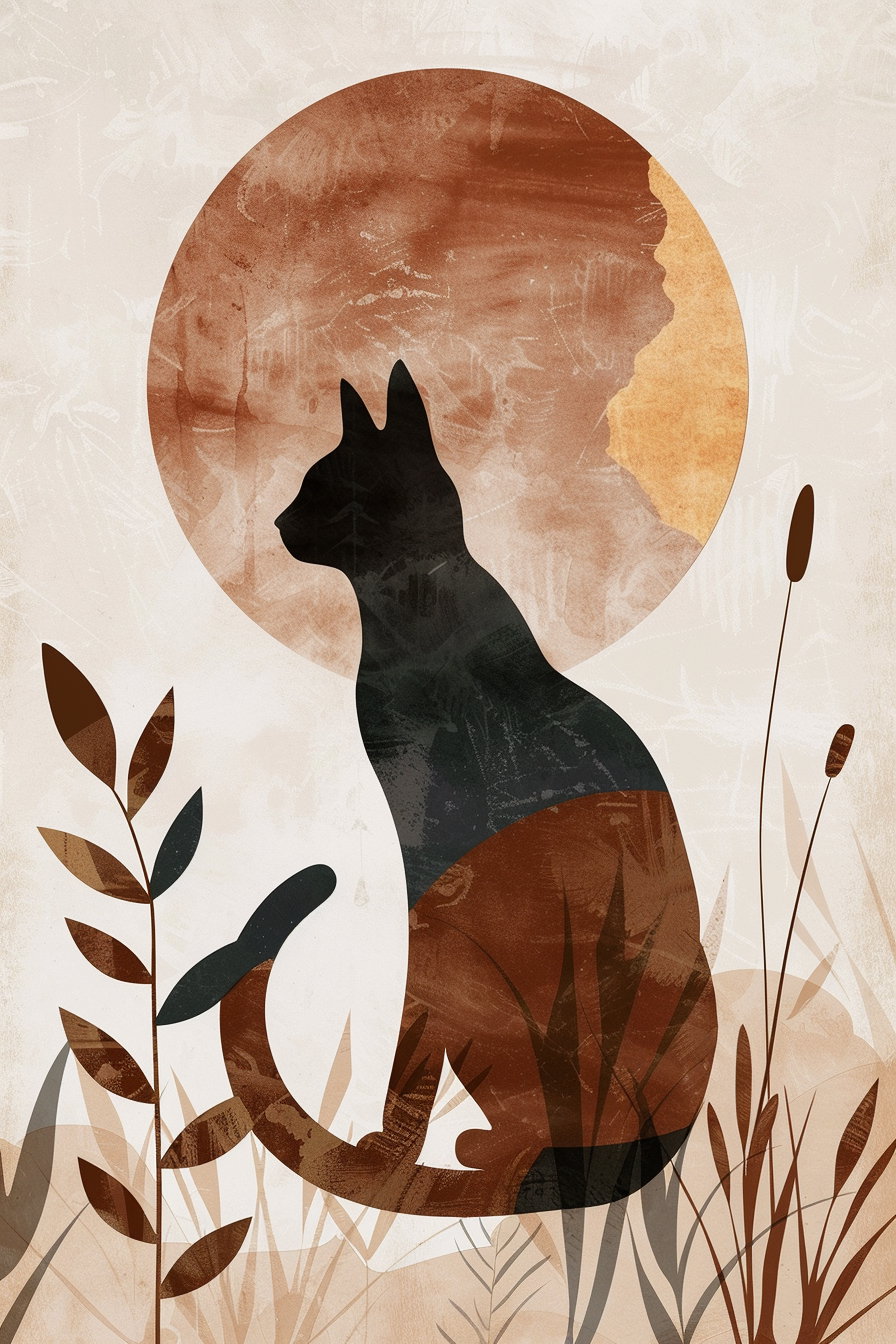 Abstract cat wall art in earthy tones and soft gradients