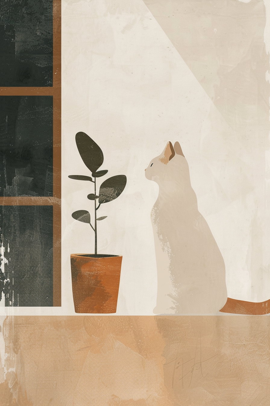 Minimalist cat art in soft neutral colors and abstract design