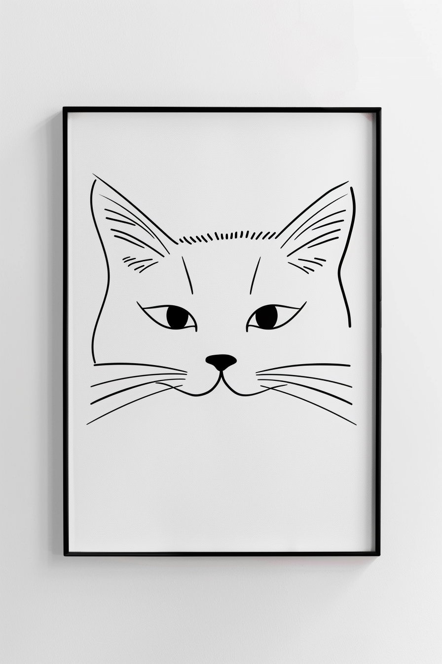 Minimalist cat face art with geometric lines in black and white