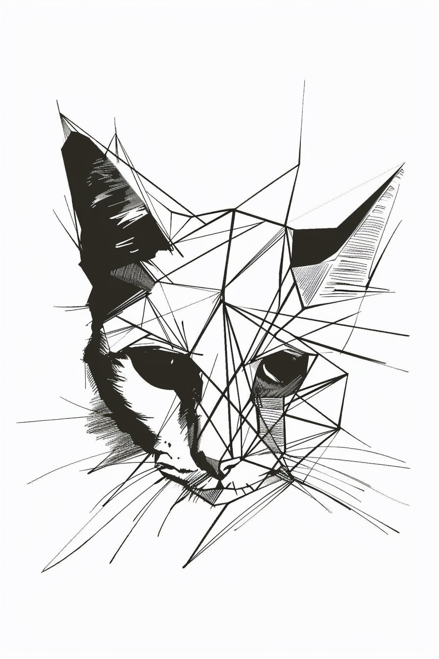 Minimalist cat face art with geometric lines in black and white