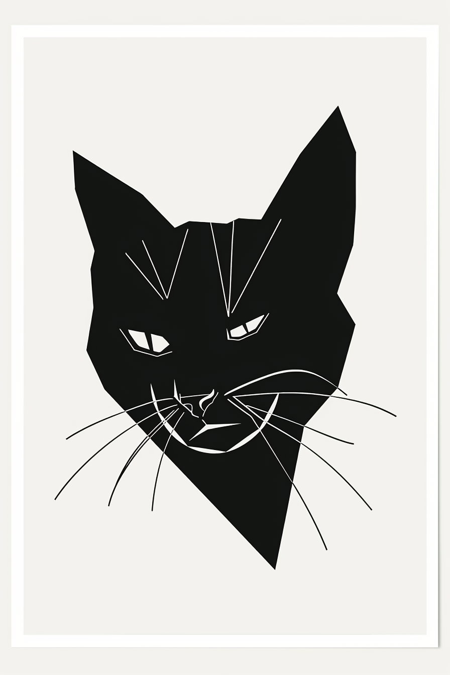 Minimalist cat face art with geometric lines in black and white