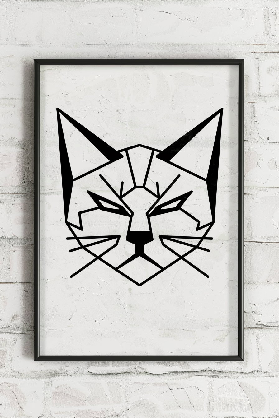 Minimalist cat face art with geometric lines in black and white