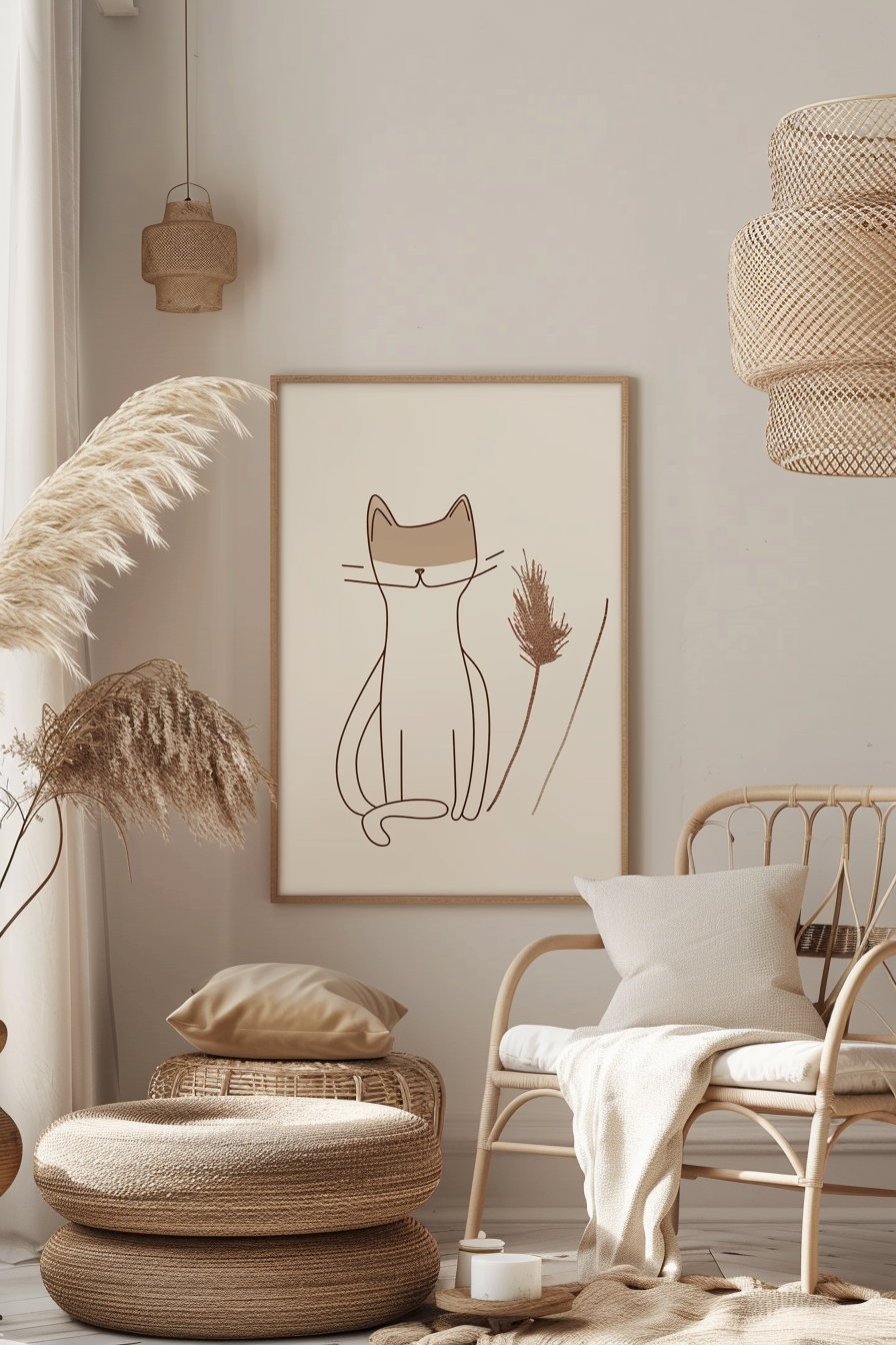 Scandinavian boho cat wall art in beige tones