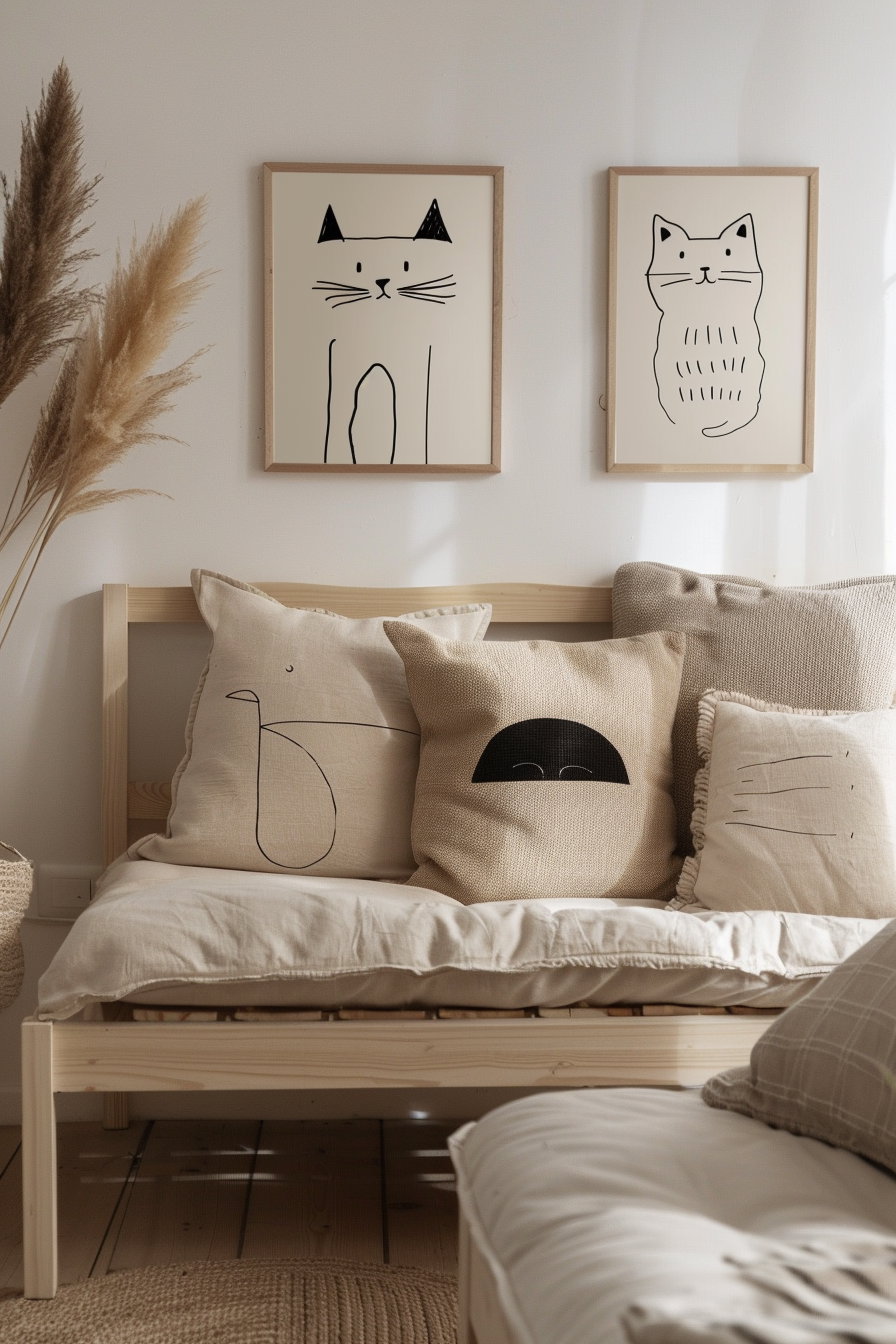Scandinavian boho cat wall art in beige tones
