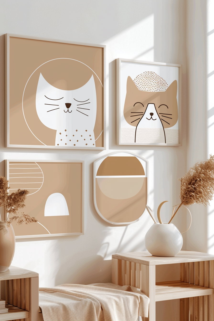 Scandinavian boho cat wall art in beige tones