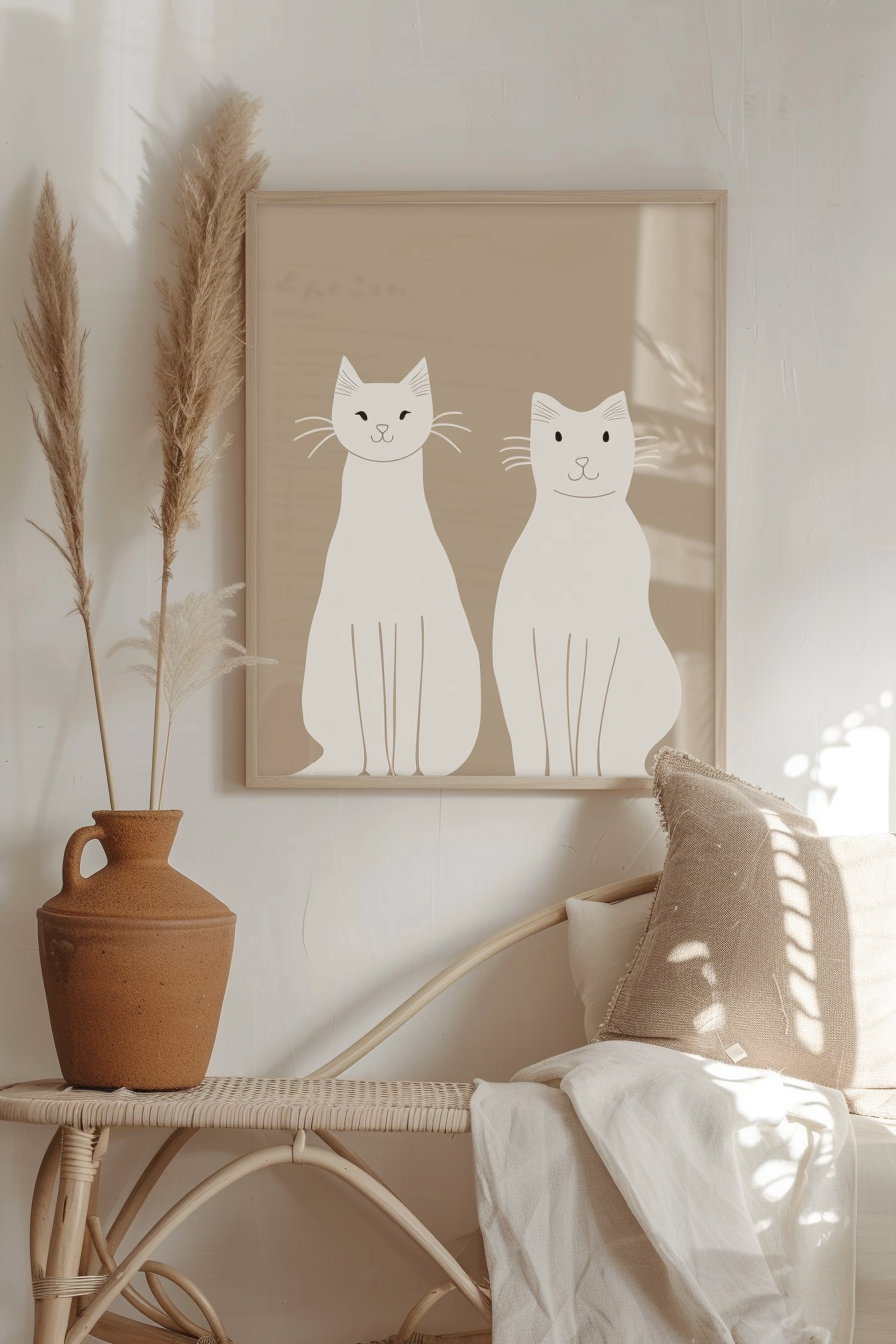 Scandinavian boho cat wall art in beige tones