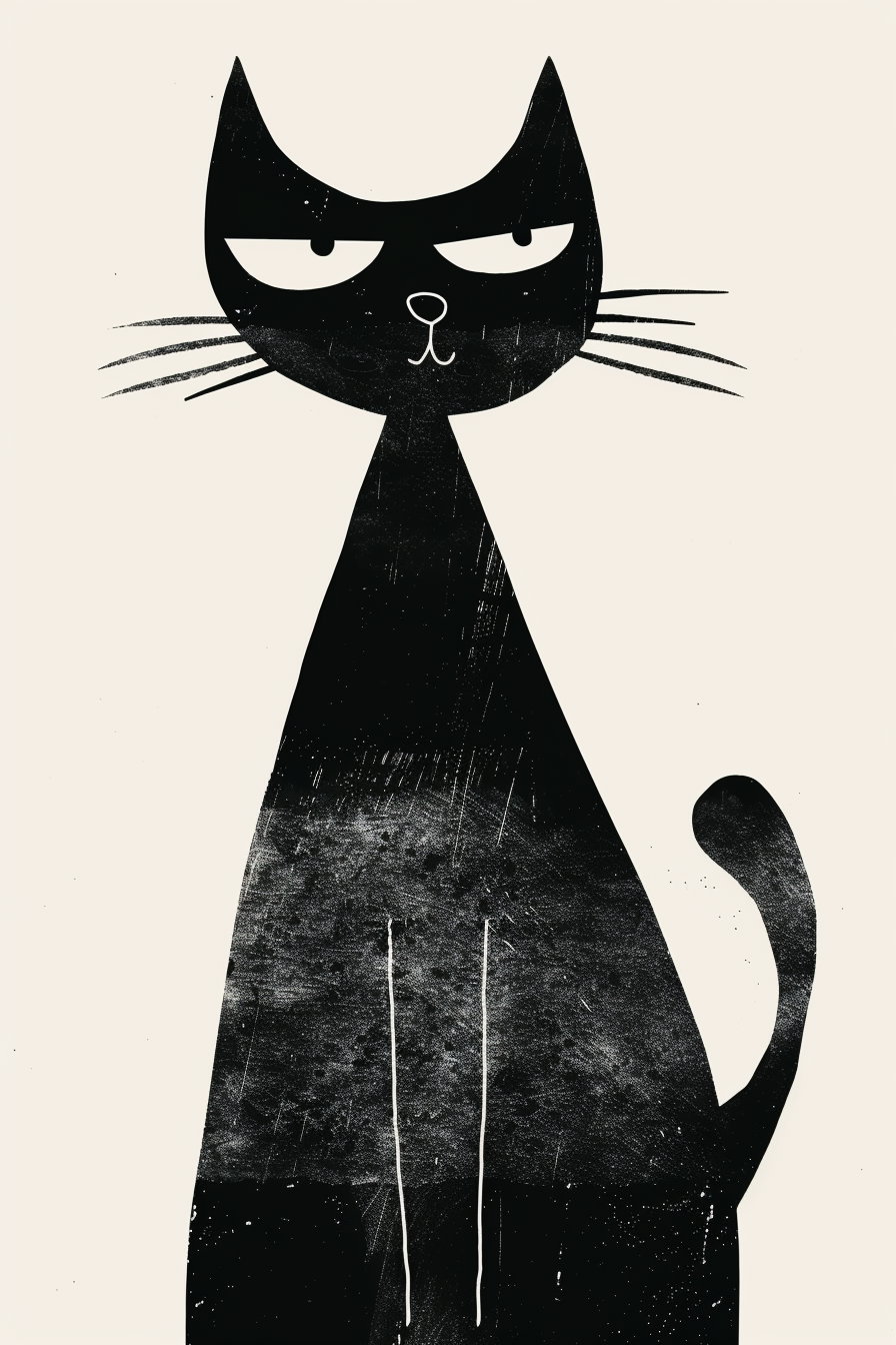 Abstract black and white cat art with simple shapes