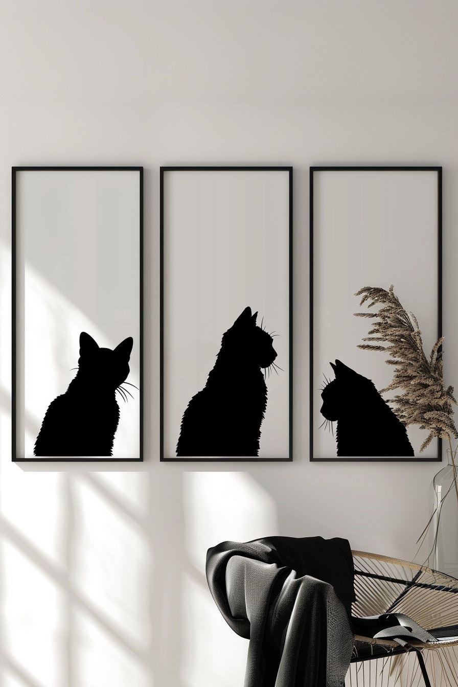 Minimalist black and white cat posters in modern gallery style