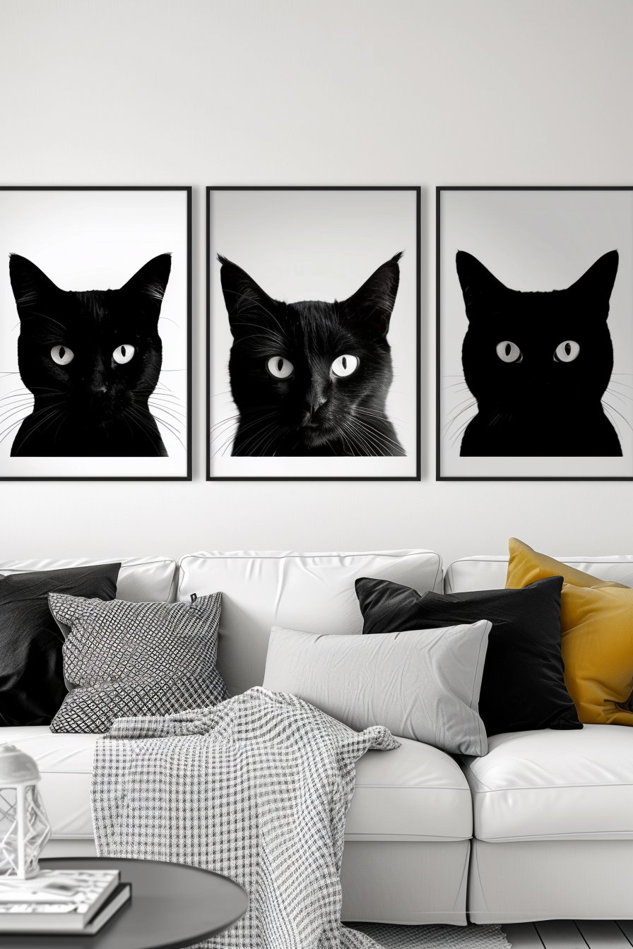 Minimalist black and white cat posters in modern gallery style