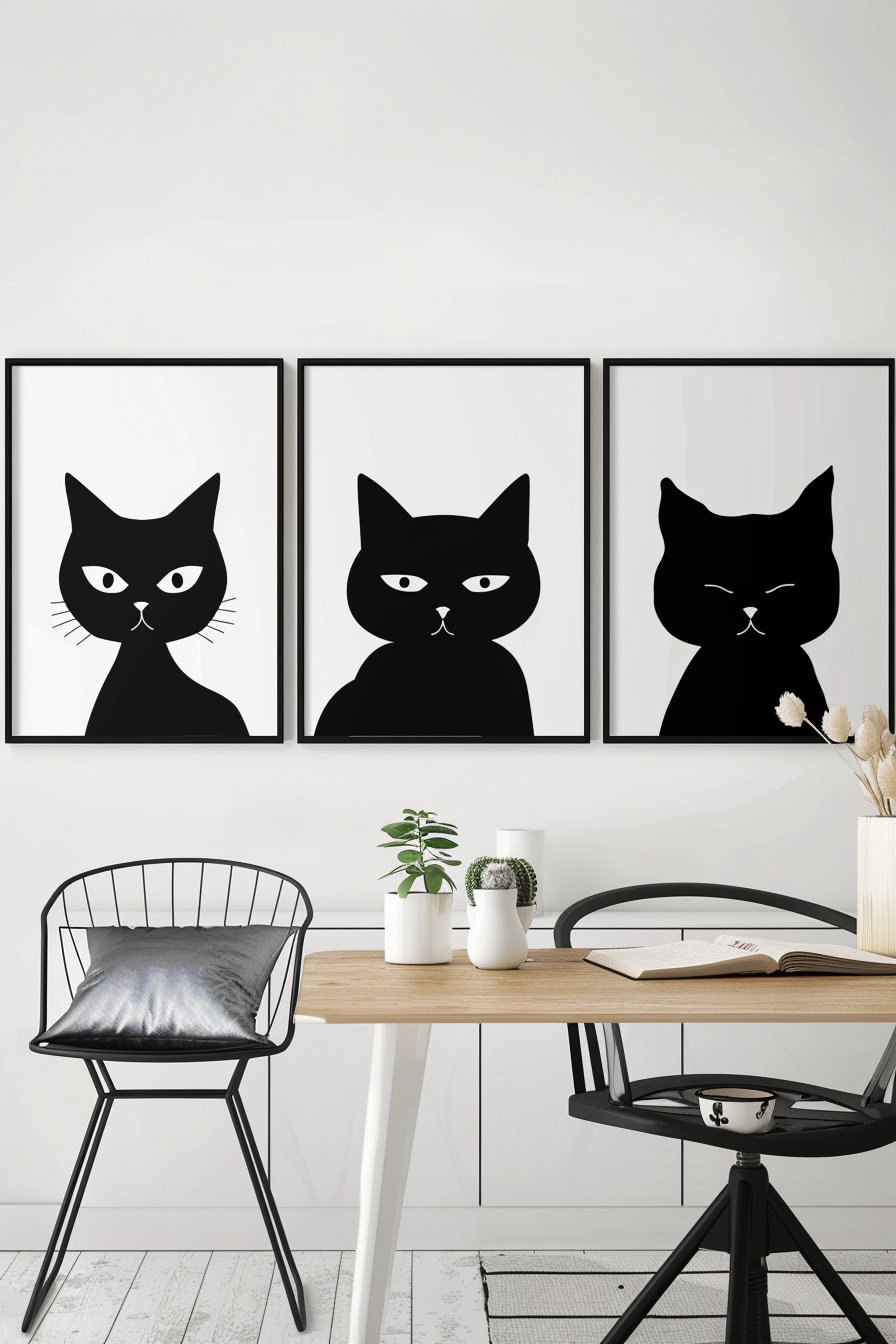 Minimalist black and white cat posters in modern gallery style