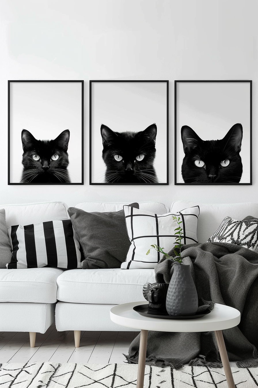 Minimalist black and white cat posters in modern gallery style