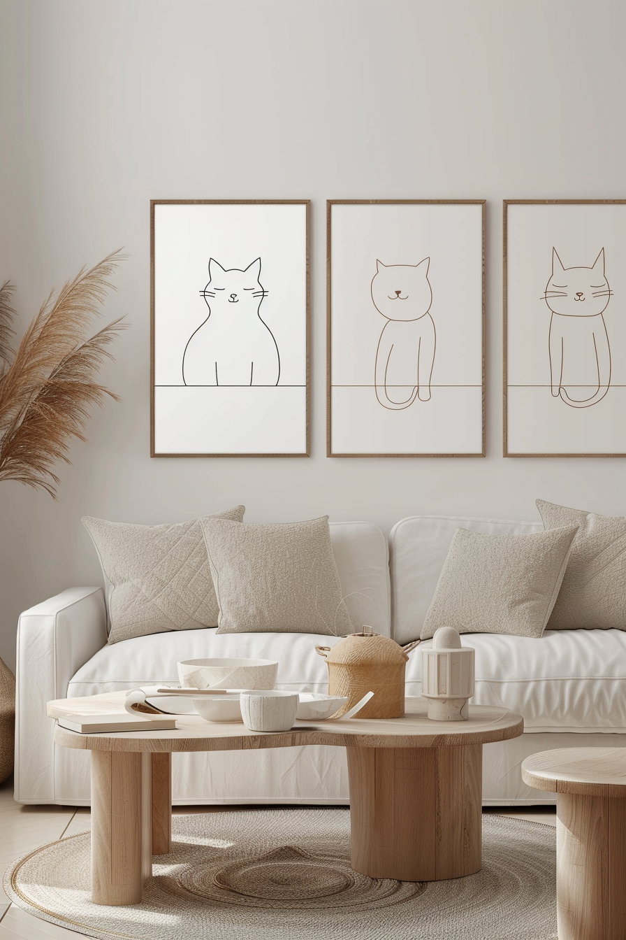 Set of three minimal cat line art posters