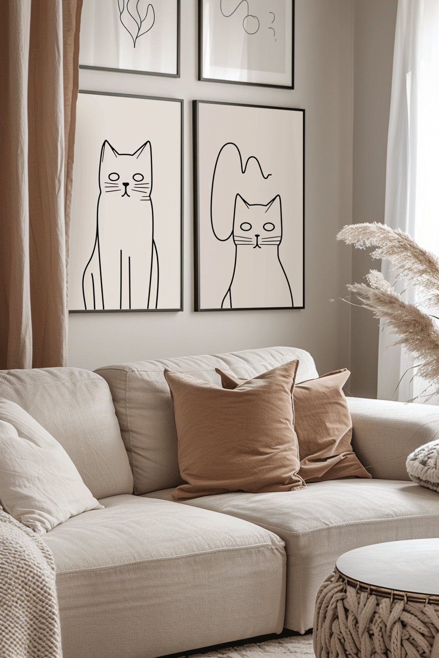 Three minimalist cat line art posters for modern decor