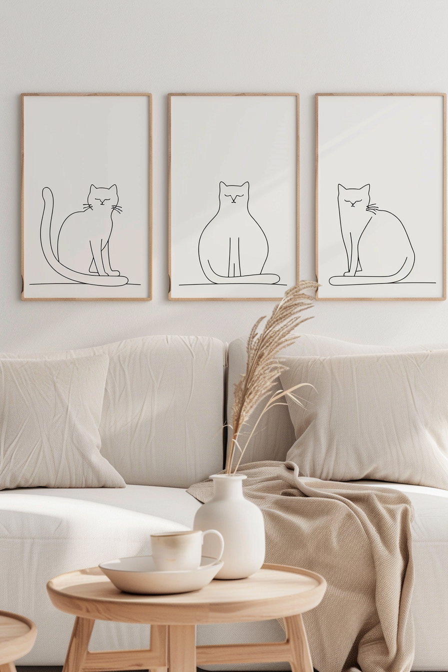 Three minimal cat line art posters for modern decor