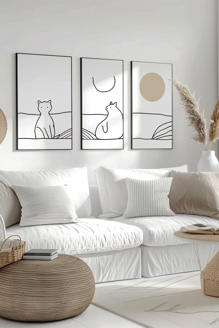 Set of three minimal cat line art posters