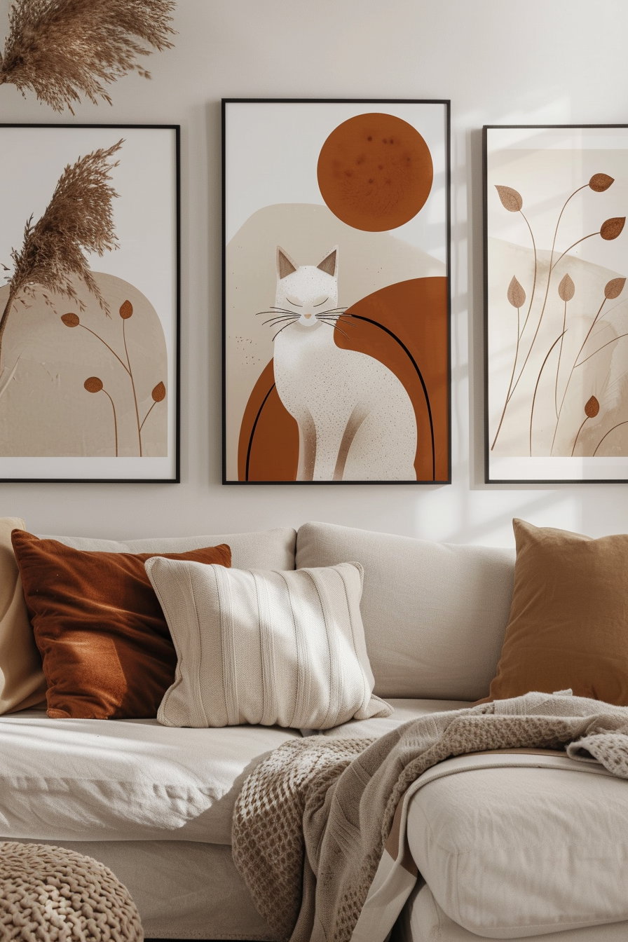 Boho cat printable posters in warm neutral tones