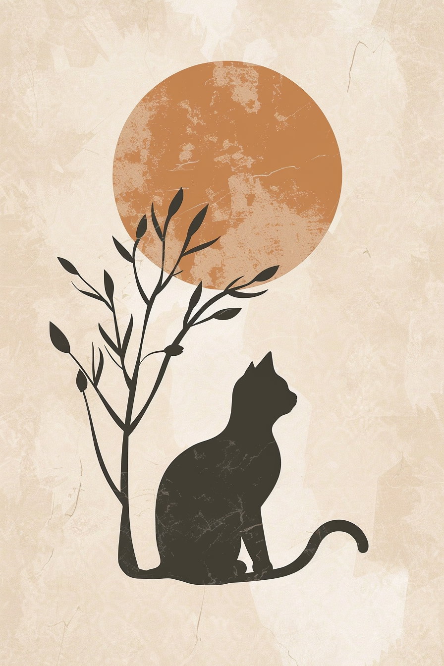 Boho cat silhouette art with abstract sun on beige background