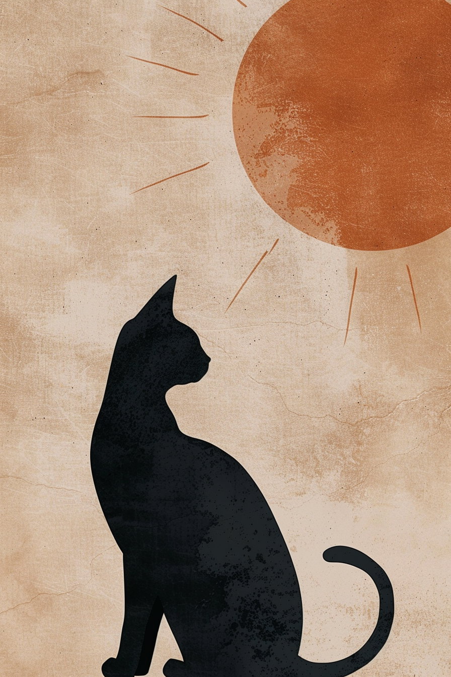 Boho cat silhouette with abstract sun on beige background