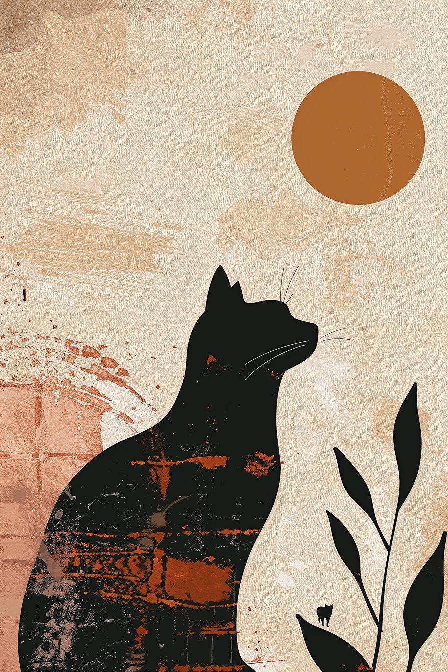 Boho cat silhouette art with abstract sun on beige background