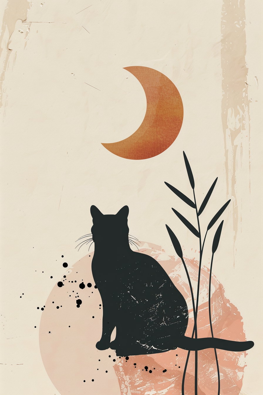 Boho cat silhouette art with abstract sun on beige background