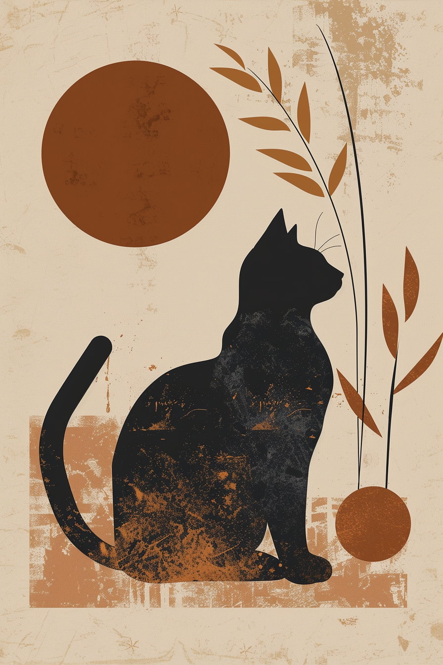 Boho style cat poster with abstract shapes and sun