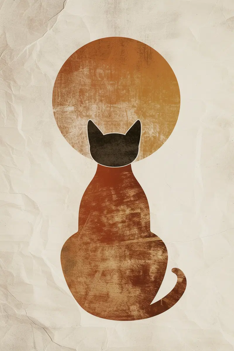 Boho Printable Cat Wall Art with Abstract Shapes and Earthy Tones