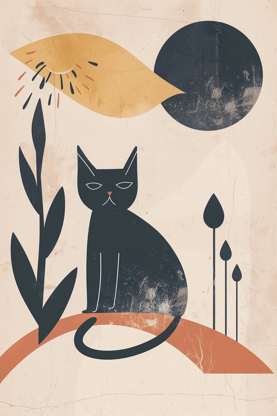 Boho style cat poster with abstract shapes and warm tones