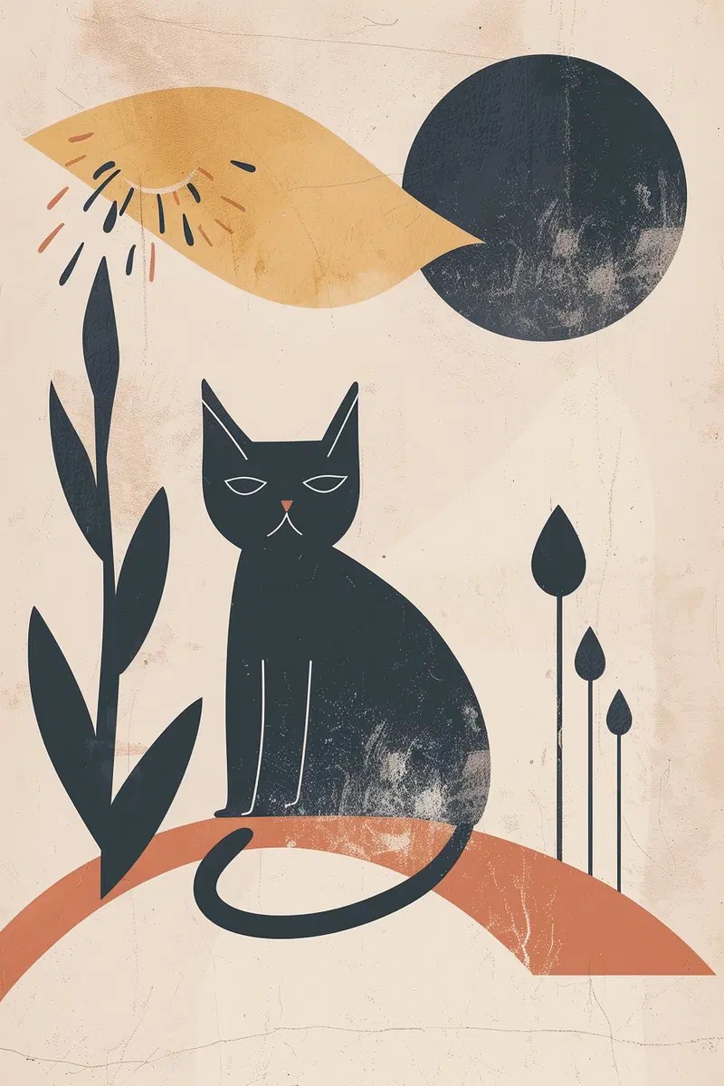 Boho Style Printable Cat Wall Art with Abstract Shapes