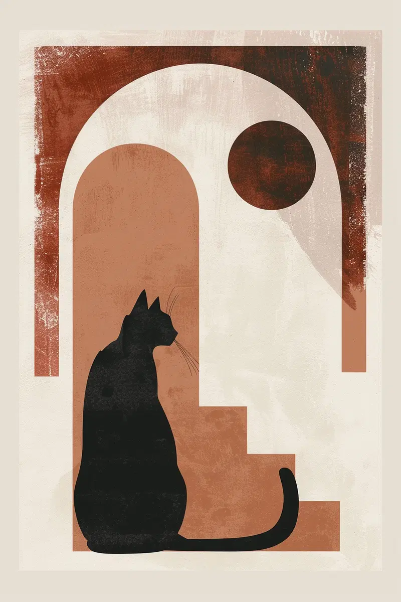 Boho Minimalist Cat Printable Wall Art in Warm Neutrals
