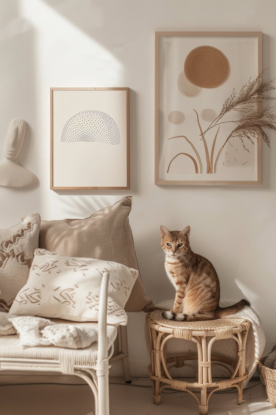 Boho cat poster with arch shapes in warm neutrals
