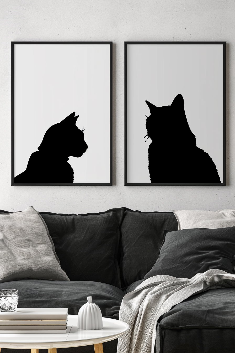 Minimalist cat silhouettes on white background modern wall art