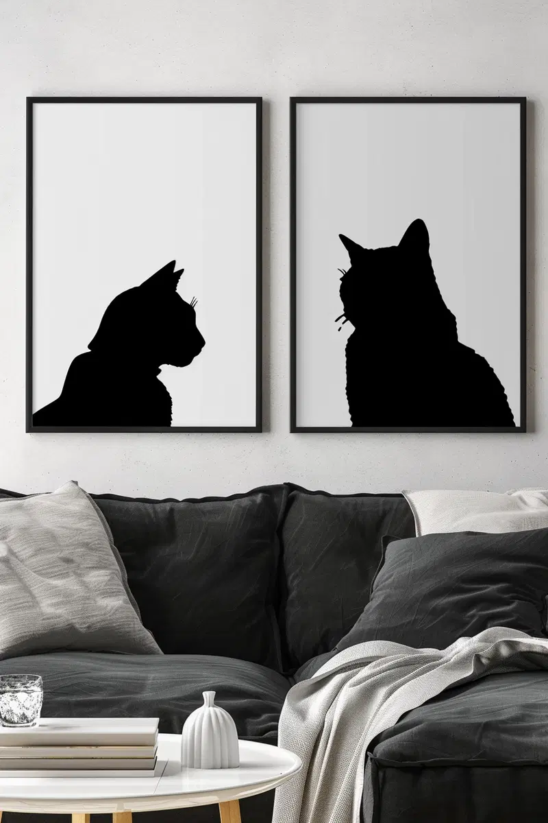 Minimalist Cat Wall Art Set of 2 Prints for Modern Decor