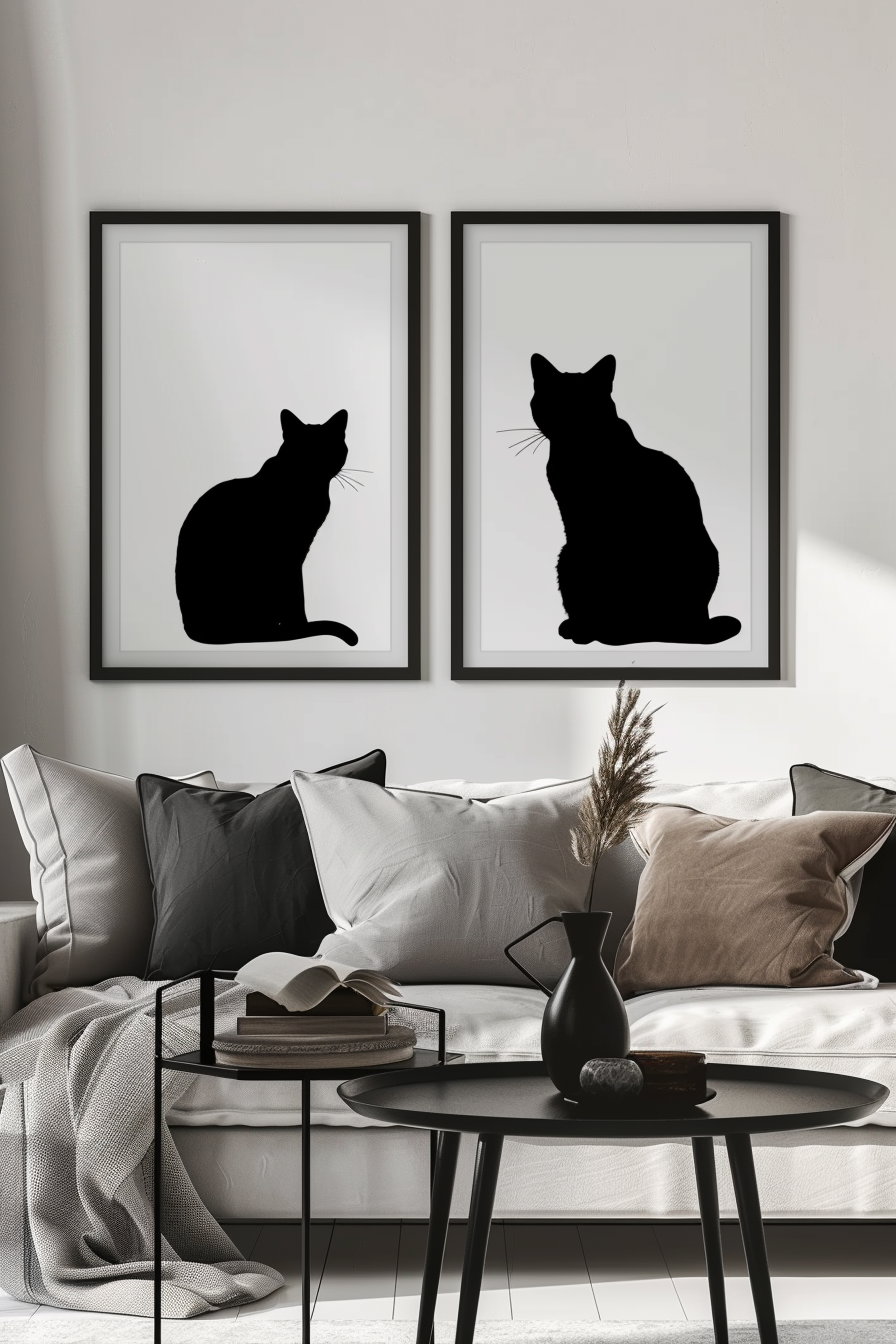 Minimalist black cat silhouettes in high contrast art prints