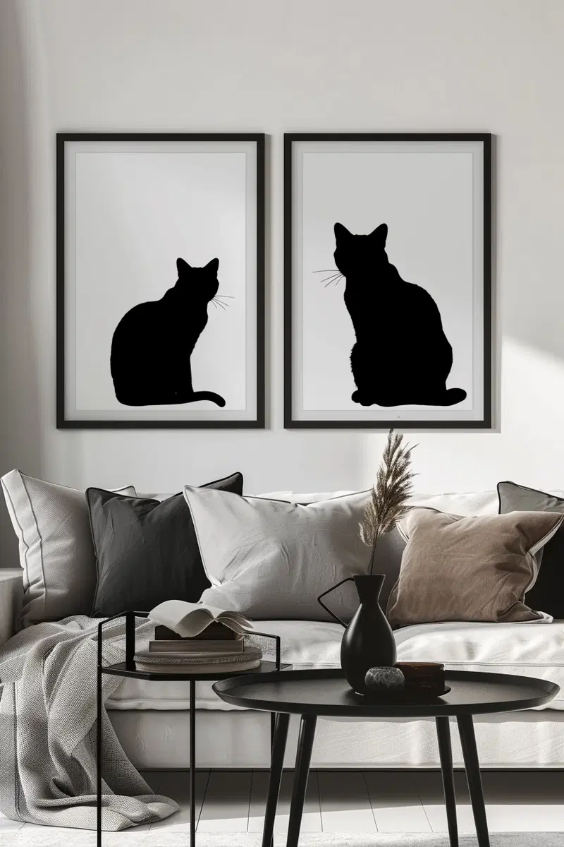Minimalist Black Cat Silhouette Wall Art Set of 2 Prints