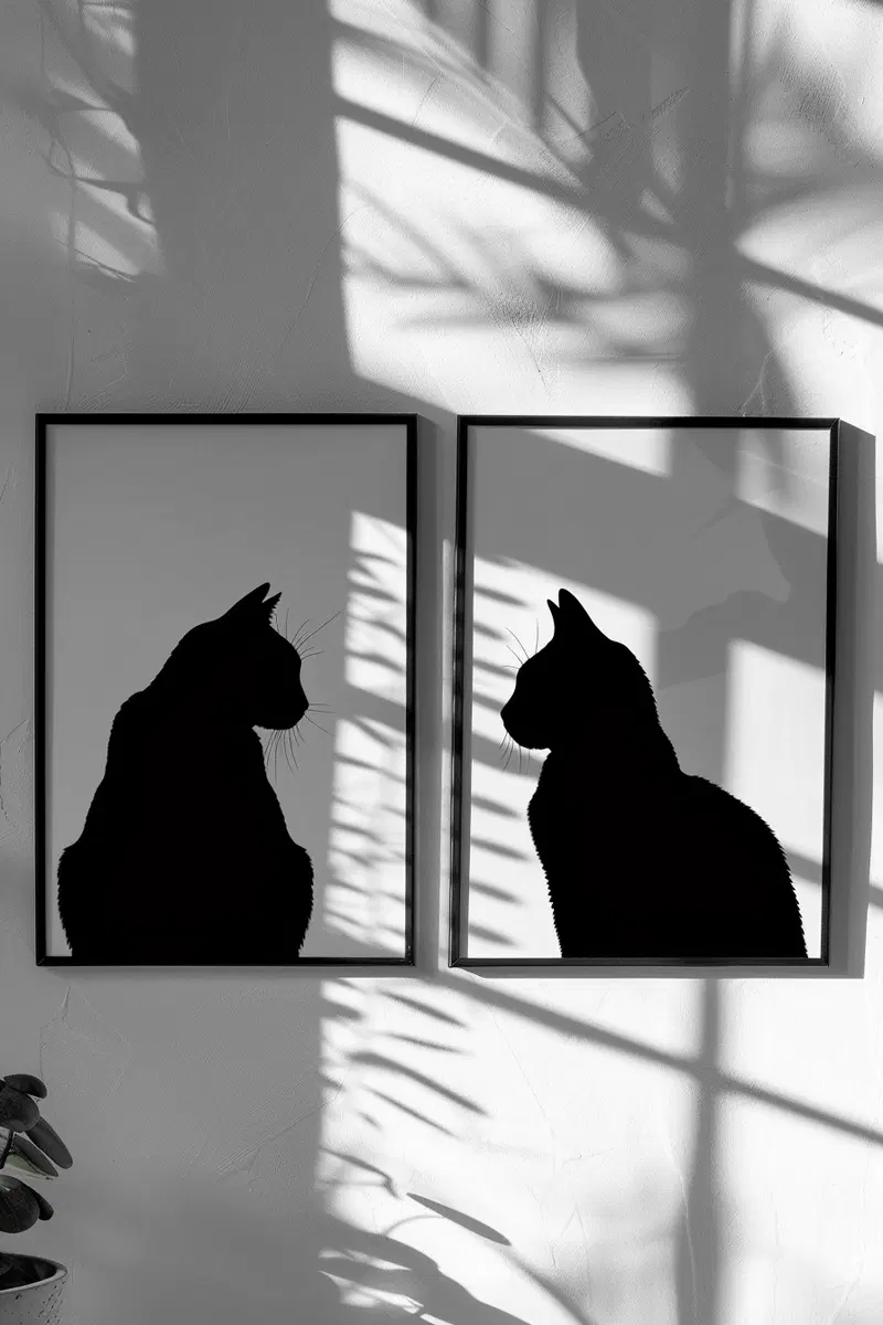 Minimalist Black Cat Silhouette Wall Art Set of 2 Prints