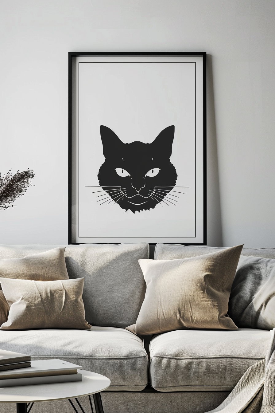 Minimalist black and white cat wall art design
