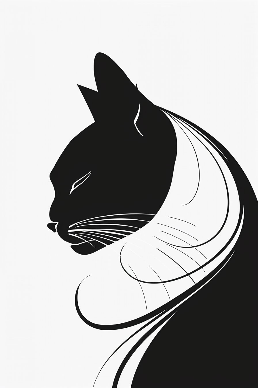 Abstract black and white cat poster with smooth curves