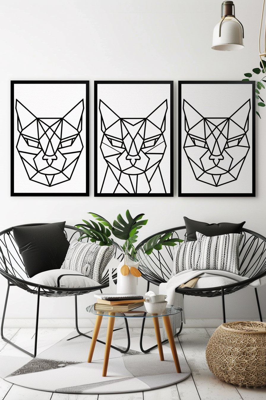 Set of three modern black and white cat posters