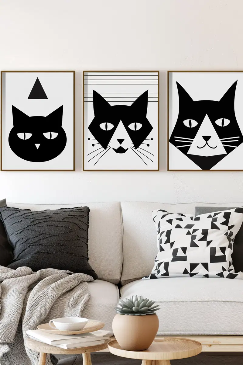 Geometric Black and White Cat Printable Wall Art Bundle