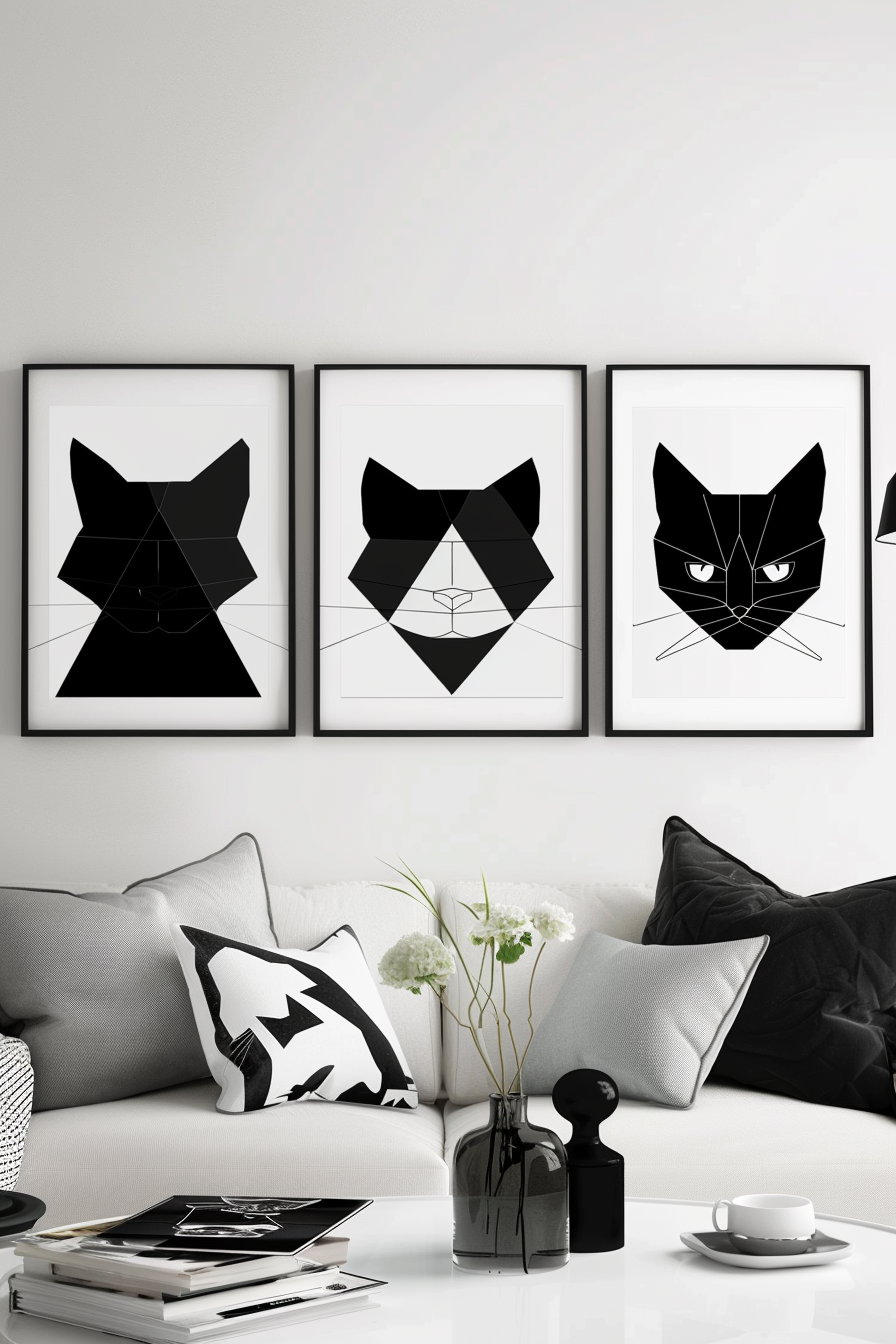 Set of three black and white cat wall art posters