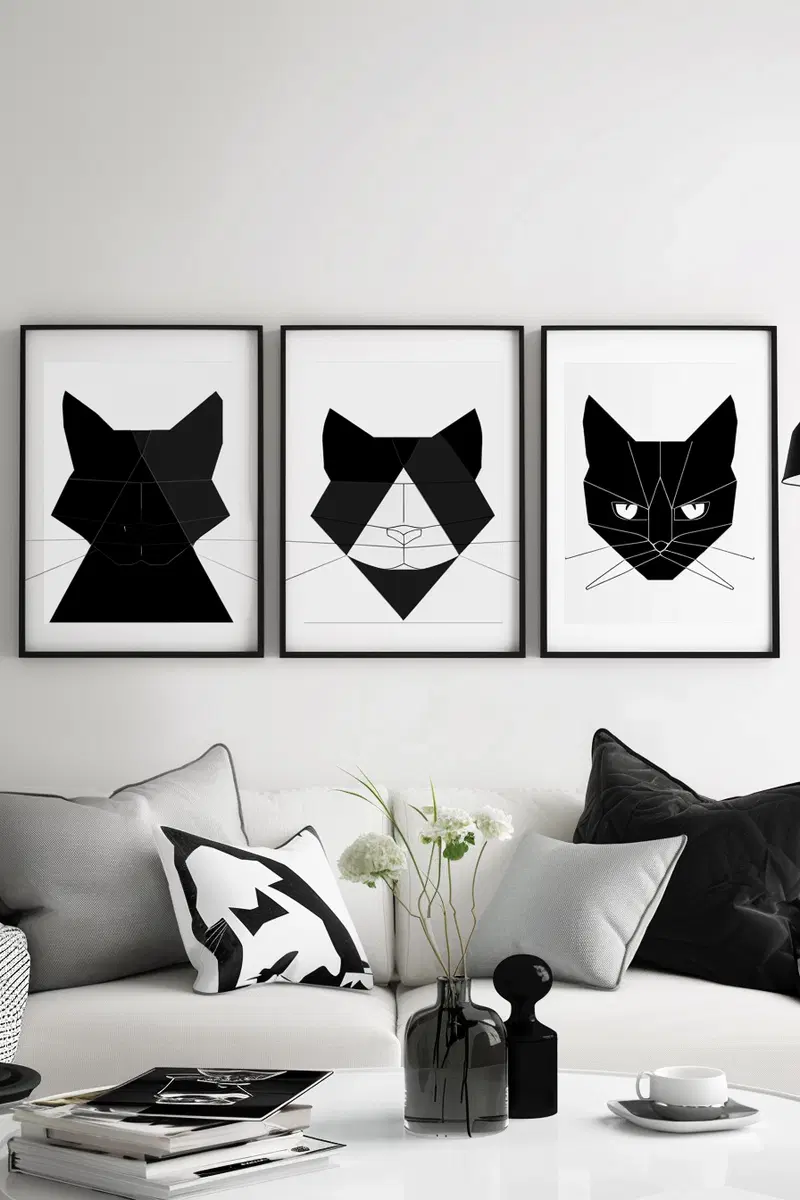 Geometric Black and White Cat Printable Wall Art Decor