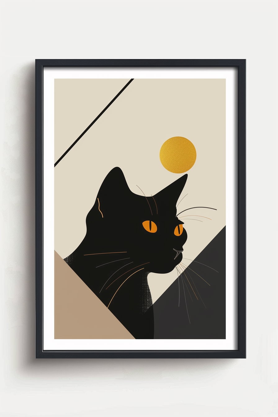 Black cat within geometric frame in modern art design