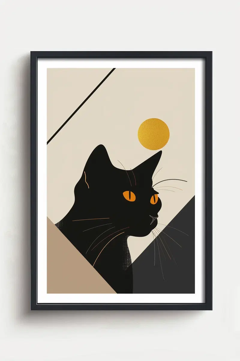 Modern Black Cat Printable Wall Art with Geometric Frame