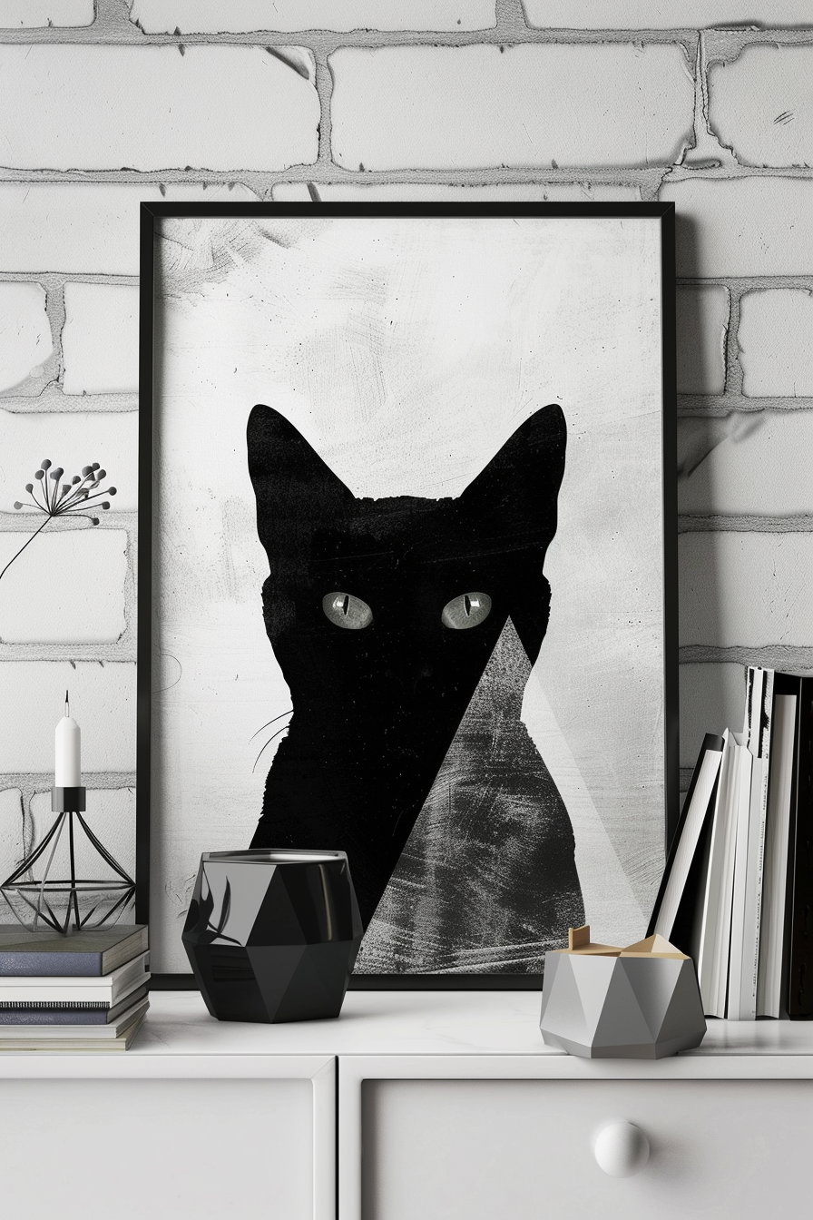 Black cat in geometric frame modern wall art design